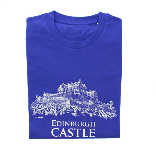 Folded blue t-shirt featuring a sketch print of Edinburgh Castle.