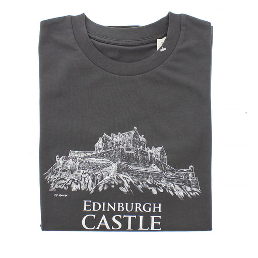 Grey T-shirt featuring a white sketch of Edinburgh Castle. 