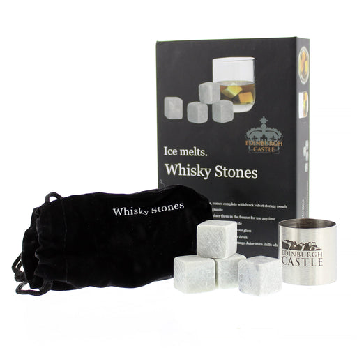 Whisky stones, a black velvet pouch, Edinburgh Castle silver measure and a black display box for the whisky stones are displayed against a white background. 