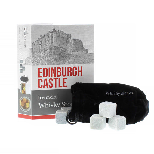 White box featuring a greyscale print of Edinburgh Castle. The red text underneath reads Edinburgh Castle and further below the white text reads Ice Melts. Next to the box is a black bag with some cube shaped whisky stones. 