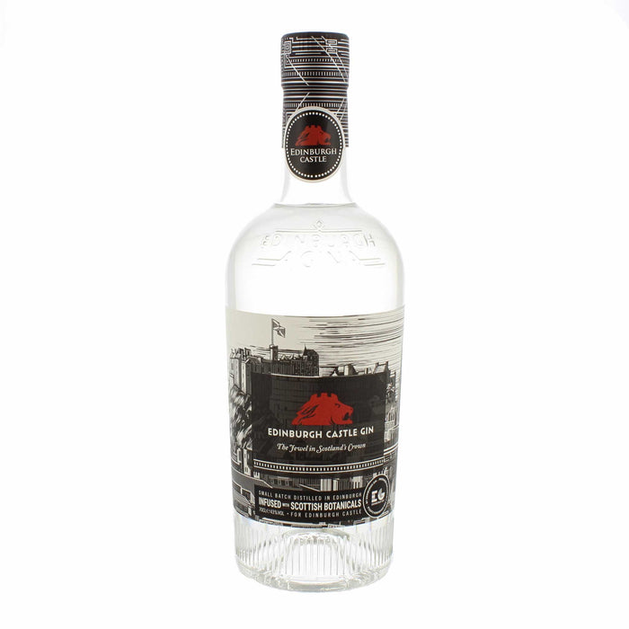 Clear bottle containing the official Edinburgh Castle Gin. The black label on the bottle is printed with a sketch of the castle with the official red lion head logo on top. 