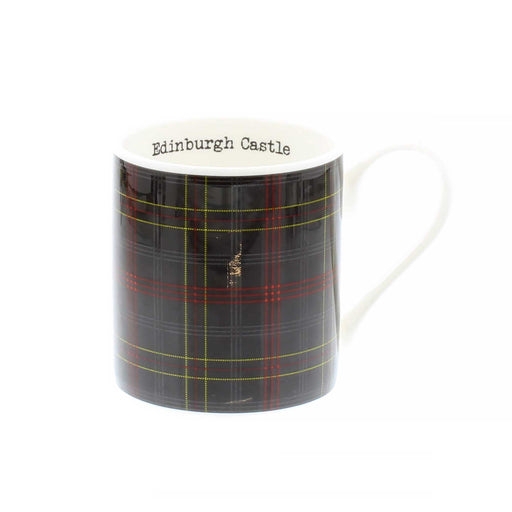 White ceramic mug features the official Edinburgh Tartan. The upper inner rim of the mug shows a text that reads 'Edinburgh Castle'. 