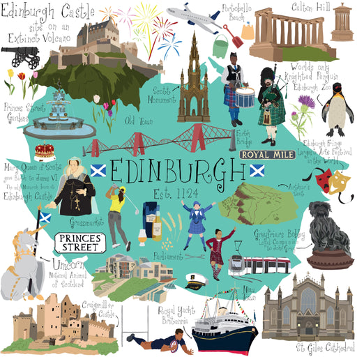 Print of the Cityscape art which portrays many of the iconic spots in and around Edinburgh. 