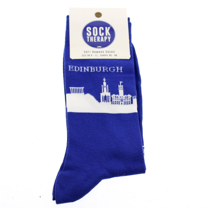 Blue socks featuring the Edinburgh Skyline