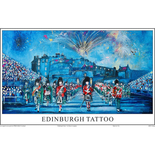 Artist drawing of the Edinburgh Tattoo features a pipe band in front of Edinburgh Castle with a audience and fireworks. 