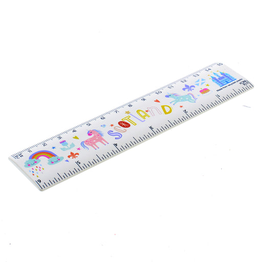 Small white ruler featuring Scottish inspired prints of rainbows, unicorns and castles. 