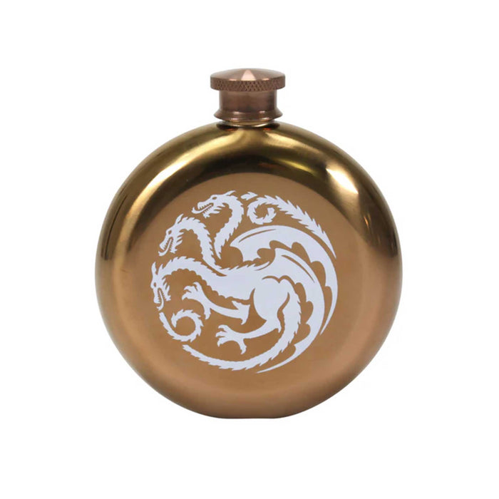 Game of Thrones circular gold metal flask with a three headed dragon printed in white. 