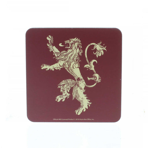 Front view of the Game of Thrones coaster featuring a burgundy background with a standing lion. 