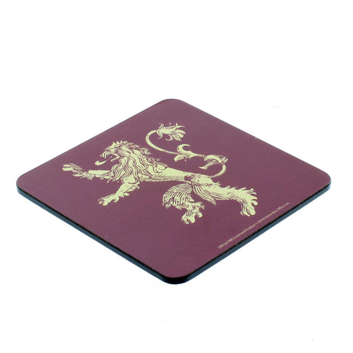 Side view of the Game of Thrones coaster featuring a burgundy background with a standing lion. 