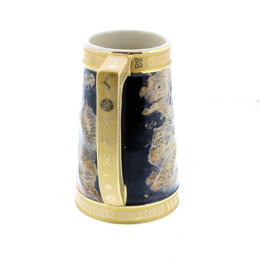 Large Ceramic Game of Thrones Stein Mug featuring the maps of Westeros and Essos, with the continent names in a gold band around the base of the mug, showing the handle detail.