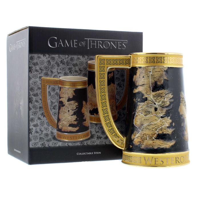 Large Ceramic Game of Thrones Stein Mug featuring the maps of Westeros and Essos, with the continent names in a gold band around the base of the mug with presentation box. 