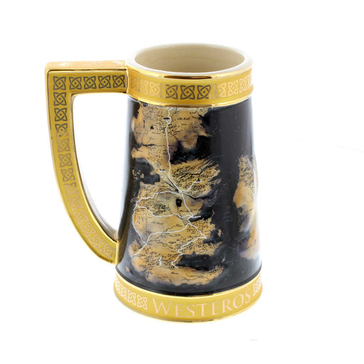 Large Ceramic Game of Thrones Stein Mug featuring the maps of Westeros and Essos, with the continent names in a gold band around the base of the mug.