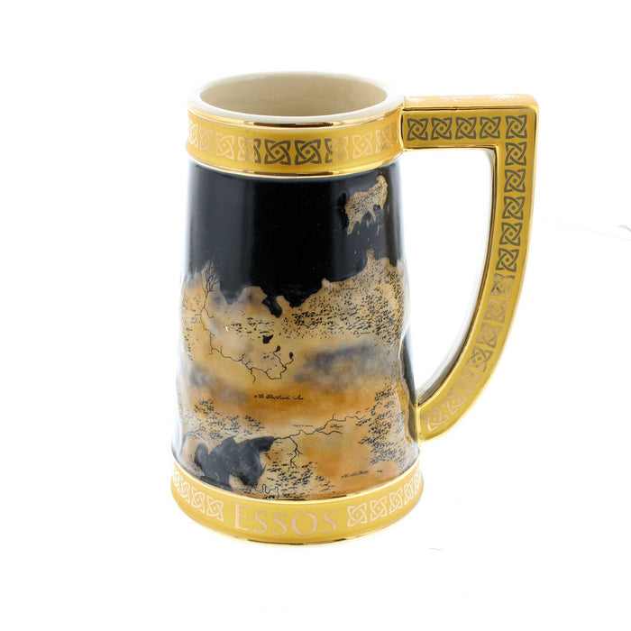 Large Ceramic Game of Thrones Stein Mug featuring the maps of Westeros and Essos, with the continent names in a gold band around the base of the mug.