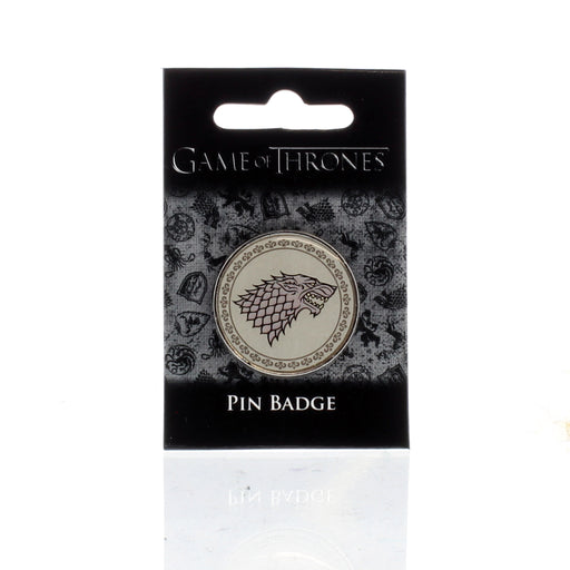 The Game of Thrones Pin Badge features the head of a wild animal. The Badge is attached to a black and grey display card. 