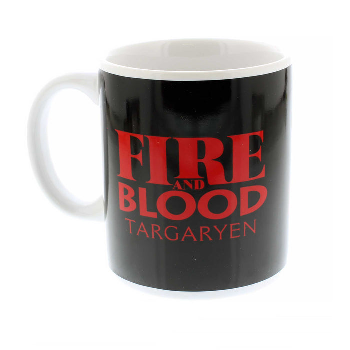 Black Game of Thrones Mug featuring red text that reads 'Fire and Blood, Targaryen'. 