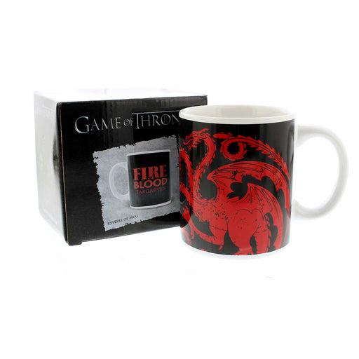 Black Game of Thrones Mug featuring a red dragon and a black presentation box. 