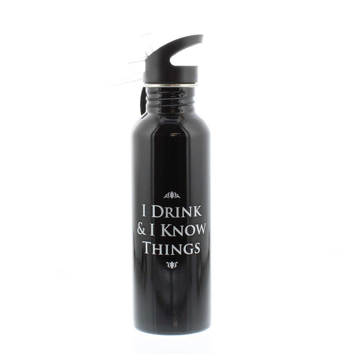 The back of the black Game of Thrones water bottle shows the text - " I drink & I know things" printed in silver