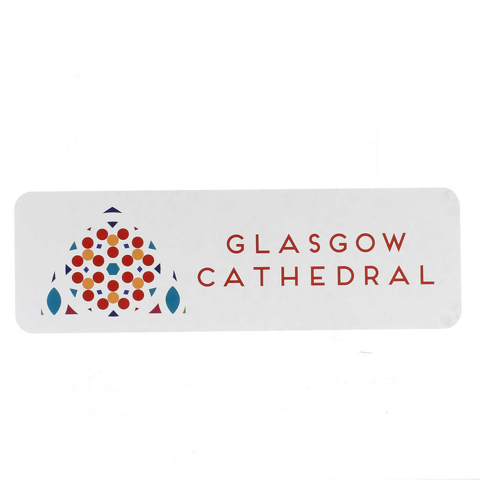 Front of a white card bookmark featuring a small arch print. The text reads 'Glasgow Cathedral'. 