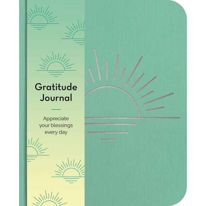 Front cover of the Gratitude Journal is a calming green with a gold sunrise. 