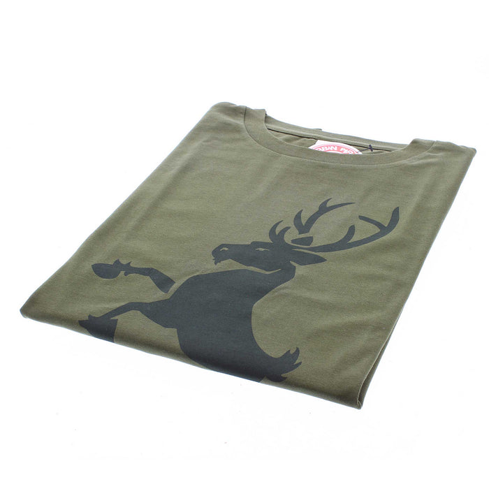 Army green t-shirt with a dark green stag printed is folded against a white backdrop. 