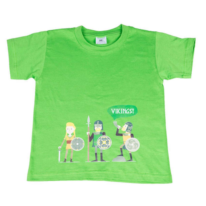 Bright green kids t-shirt with 3 Viking characters at the bottom. 