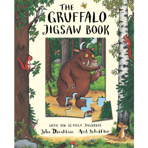 Front cover of the Gruffalo Jigsaw Book features the original artworks of the Gruffalo placed in a Jigsaw effect. 