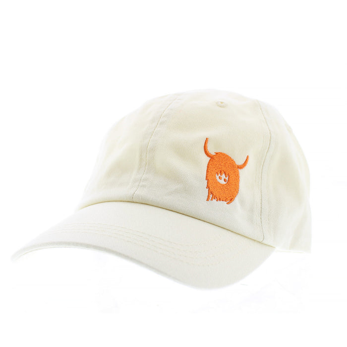 white baseball hat featuring a small embroidered highland cow head in orange. 