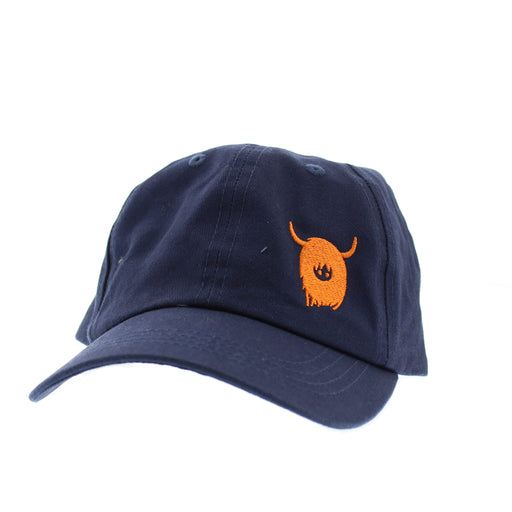 blue navy baseball hat featuring a small embroidered highland cow  in orange. 