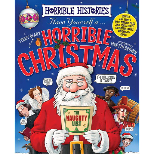 Front cover of the Horrible Christmas edition of Horrible Histories features a grumpy looking Santa with a naughty list. 