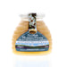 Bee Hive shaped Honey Jar with a blue label. 