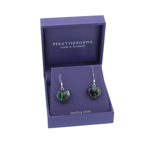 Purple box containing Sterling silver drop earrings with a resin stone in the shape of a heart made from Scottish heather