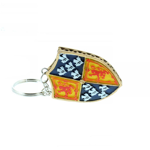 Metal keyring in the shape of a Heraldic Scottish shield with silver keyring hardware. 