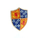 A fridge magnet in the shape of a shield features the Lion Rampant and the Scottish Thistle. A gold trim surrounds the edges. 