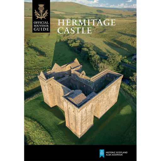 Front cover of the Hermitage Castle features an ariel shot of the castle against a green hilly backdrop and blue skies. 
