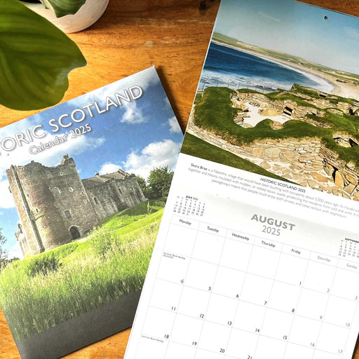 The 2025 Calendar is laid open at August on a wooden table next to a plant and the Calendar envelope. The August Image shows a beach with blue skies and greenery. 