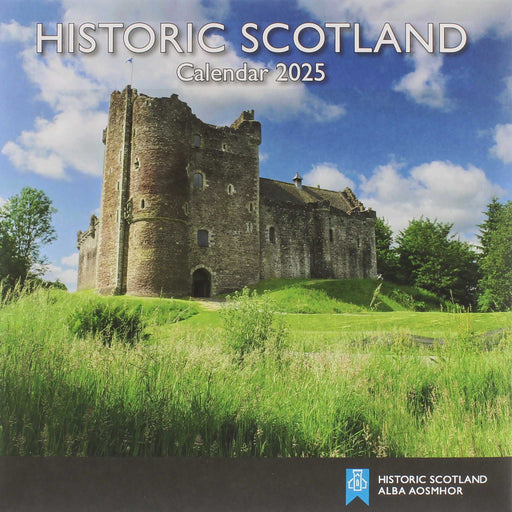 The official Historic Scotland 2025 Calendar featuring Doune castle on a bright sunny day. 