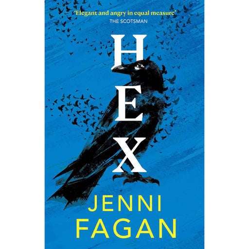 A blue book over features a sketch of a large black crow, written vertically over the crow is the book's title 'HEX'. 