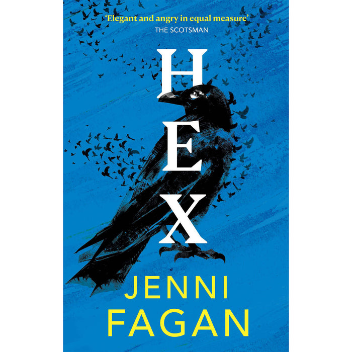 A blue book over features a sketch of a large black crow, written vertically over the crow is the book's title 'HEX'. 