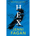 A blue book over features a sketch of a large black crow, written vertically over the crow is the book's title 'HEX'. 