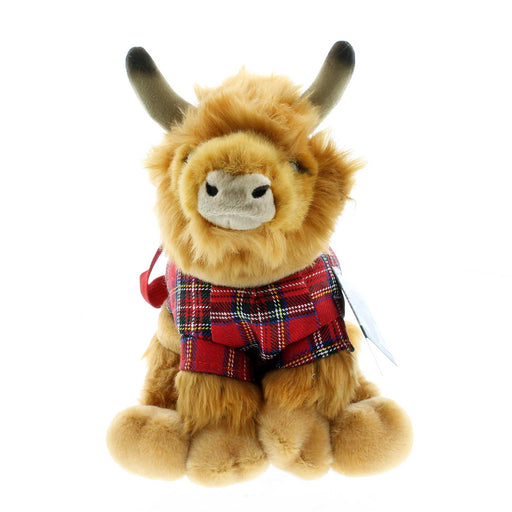 Front view of a fluffy Highland Cow Carry bag wearing a red tartan coat. 