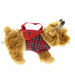 Standing side view of a fluffy Highland Cow Carry bag wearing a red tartan coat. 