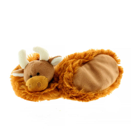 Fluffy baby booties in the shape of a Highland Cow showing the sole of one. 