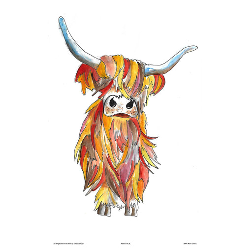 Artist impression of a Highland cow on a white cotton tea towel