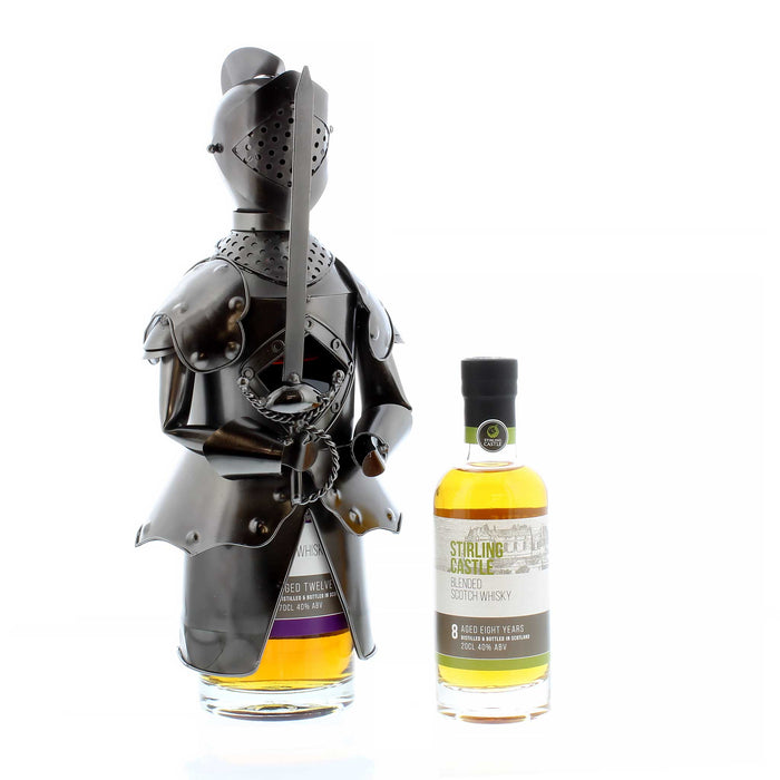 The knight bottle holder dispayed over a 70cl bottle of shisky and placed next to a 20cl bottle of Stirling Castle Whisky.