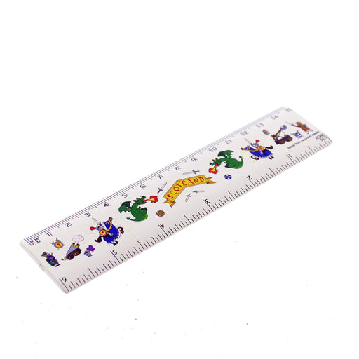 Small white ruler featuring Scottish inspired prints of dragons, knights, catapults and cannons. 