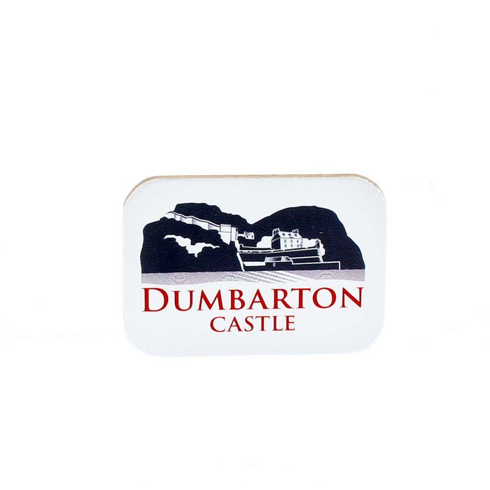 White leather oblong shaped magnet featuring a greyscale print of Dumbarton Castle. The text underneath reads the castle name in a red font. 