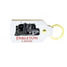 White leather oblong shaped keyring with gold hardware. The print shows a greyscale image of Dirleton Castle, underneath the text reads the castle name in red.