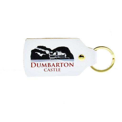 White leather oblong shaped keyring with gold hardware. The print shows a greyscale image of Dumbarton Castle, underneath the text reads the castle name in red.