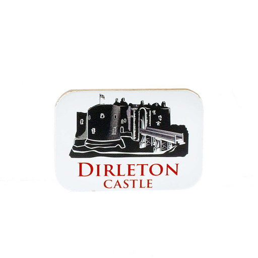 White leather oblong shaped magnet featuring a greyscale print of Dirleton Castle. The text underneath reads the castle name in a red font. 