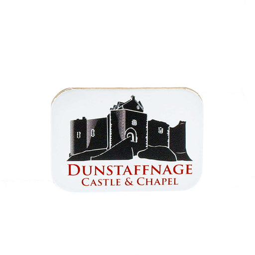 White leather oblong shaped magnet featuring a greyscale print of Dunstaffnage Castle. The text underneath reads the castle name in a red font. 